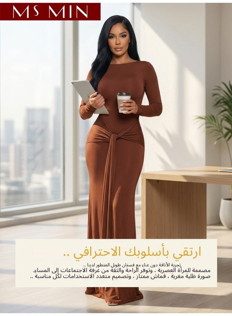 MS MIN Women’s Elegant Long Sleeve Maxi Dress, Solid Color Waist-Fitted Dress with Open Back Design - Image 3